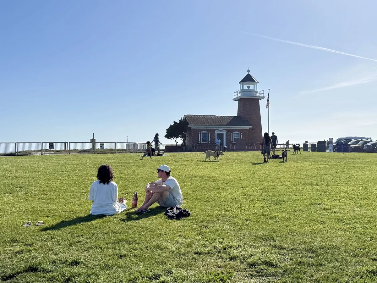 Friends sitting on a wide green lawn near a brick lighthouse